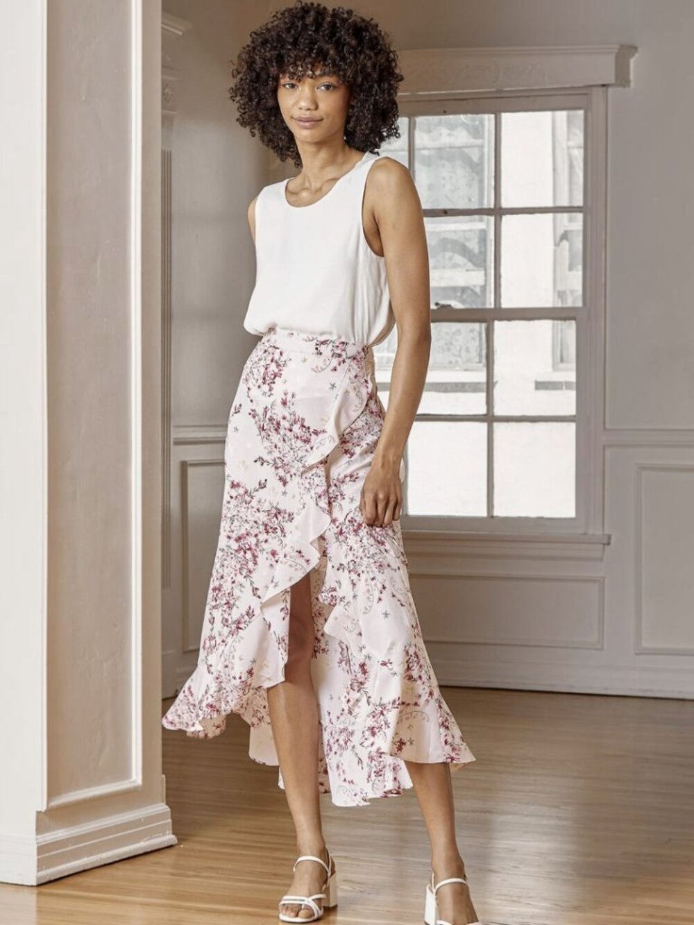 Lulus Romance is Blooming Blush Pink Floral Print Ruffled Midi Skirt NWT - Picture 1 of 10